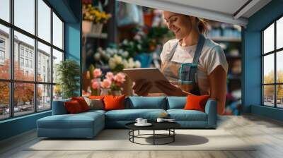 Caucasian woman using tablet in flower shop. Wall mural