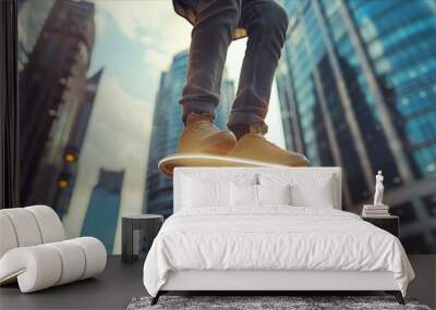 Close-up of hoverboard, hoverboard rider's legs, floating in the air in the city, future of air vehicles. Wall mural