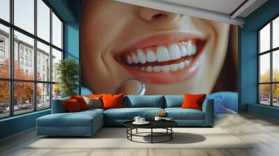 Close-up of woman checking teeth at clinic, dental mirror Wall mural