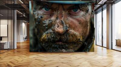 Closeup of a soldier camouflaged with mud on his face in the rain. Wall mural