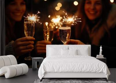 Closeup of people's hands holding fireworks and champagne glasses, celebrating the arrival of the new year, New Year's Eve party Wall mural