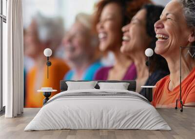 Elderly women laughing and sitting together in yoga studio. Wall mural