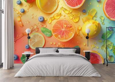 Mixed fruits on a bright background. Wall mural