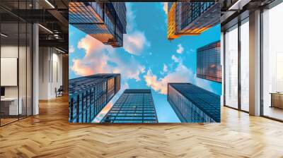 New York City skyscrapers in the city center Looking up at the blue sky with buildings from below. Wall mural