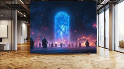 Rendering a group of warriors entering a portal, a teleportation portal from another world, with a blue light warp. Wall mural