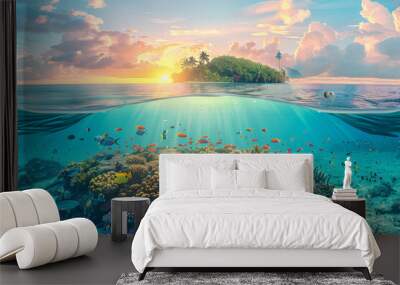 Selective focus of Colorful coral reefs and tropical islands at sunset Underwater landscape with fish in sea water. Wall mural