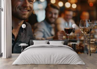 Selective focus of Group of Caucasian businessmen eating steak in restaurant. Wall mural