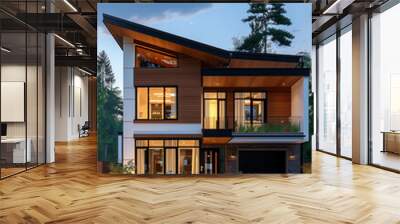 Selective focus of modern house on hillside with wooden details and green landscaping. Wall mural