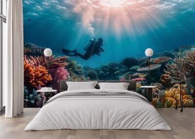 Selective focus of underwater photography, divers exploring colorful coral reefs and marine life. Wall mural