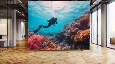 Selective focus of underwater photography, divers exploring colorful coral reefs and marine life. Wall mural