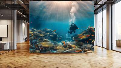 Selective focus of underwater photography, divers exploring colorful coral reefs and marine life. Wall mural