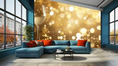 Set of two white wine glasses set on a background of sparkling gold flecks. Wall mural