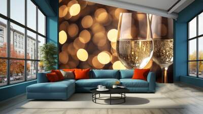 Set of two white wine glasses set on a background of sparkling gold flecks. Wall mural