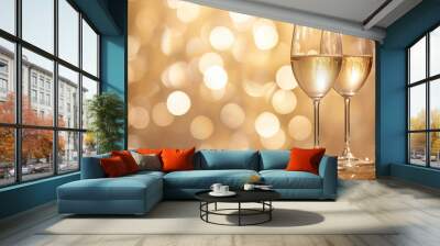 Set of two white wine glasses set on a background of sparkling gold flecks. Wall mural