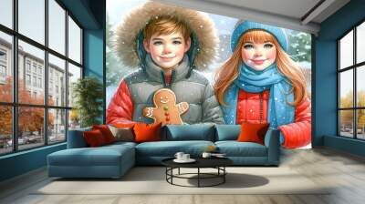 Two children in winter attire smiling and holding a gingerbread cookie. Wall mural