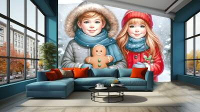 two children in winter attire smiling and holding a gingerbread cookie. Wall mural