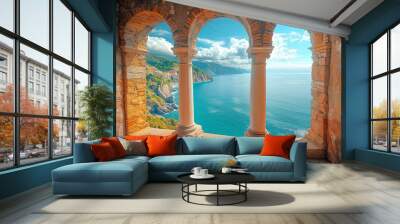 View from the stone arch windows of the ancient monastery overlooking the sea and cliffs. Wall mural