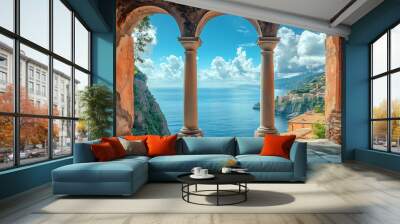 View from the stone arch windows of the ancient monastery overlooking the sea and cliffs. Wall mural