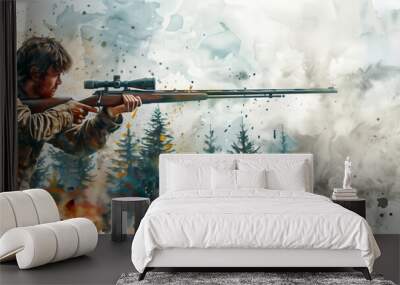 Watercolor painting of a male hunter using a gun in the forest. Wall mural