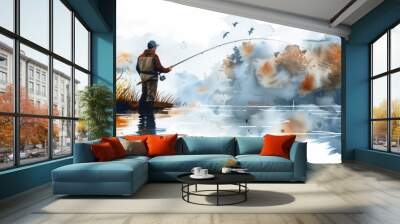 Watercolor painting of a man fishing with a rod at the riverside. Wall mural