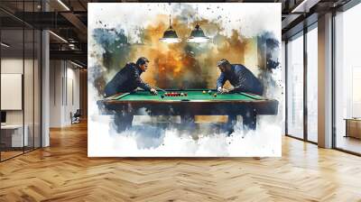 Watercolor painting of a man playing snooker on a snooker table. Wall mural