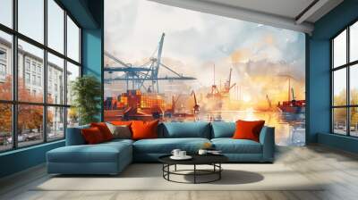 Watercolor painting of a port with cranes, ships and containers. Surrounded by flying drones. Wall mural