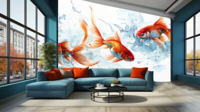 Watercolor painting of a school of goldfish swimming in clear water. Wall mural