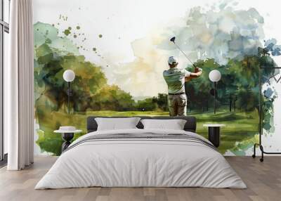 Watercolor painting of a young man playing golf on the course. Wall mural