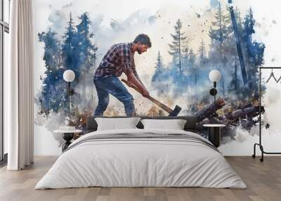 Watercolor painting of a young man using an ax to cut wood in the forest. Wall mural