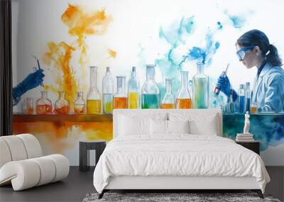 Watercolor painting of scientists testing chemicals in a laboratory. Wall mural