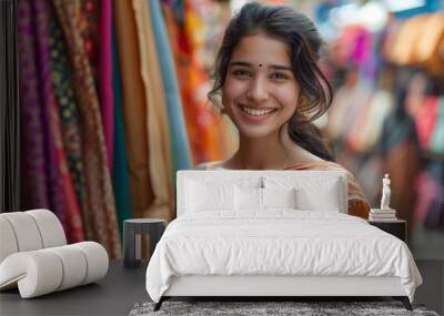 Young Indian woman smiling with confidence in sari shop. Wall mural