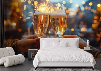 Share the excitement of the celebration with two hands holding sparklers and champagne glasses Wall mural