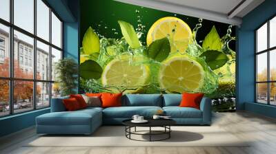 Splashing Fresh Green Lemon Glistening Citrus Delight with Water Droplets Wall mural