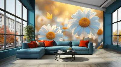 Sunlit Daisy in the Blue beauty of a field with butterflies landscape Wall mural