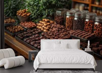 Cannabis-Infused Edibles on Wooden Kitchen Counter Wall mural