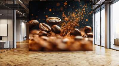 Coffee Beans in Motion with Ground Coffee Particles Wall mural