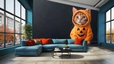 Cute Cat in Halloween Costume on Dark Orange Background Wall mural