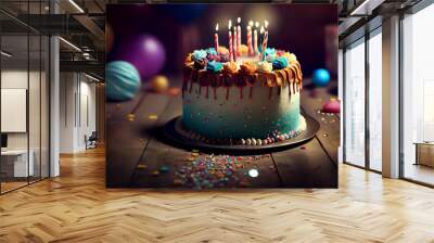 Birthday cake with colorful cream and sprinkles on a dark background.generative ai Wall mural