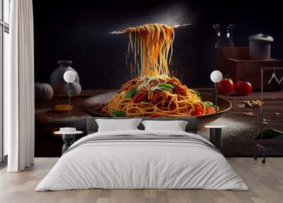 Spaghetti with chicken and tomato sauce on a wooden table in the kitchen.generative ai Wall mural