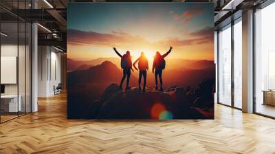 three friends celebrating success on top of a mountain.generative ai Wall mural