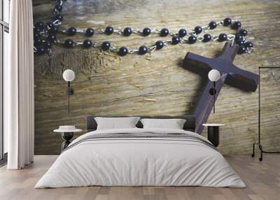 wooden cross on wood background Wall mural