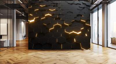 Abstract hexagonal geometric background. Structure of lots of hexagons of carbon fiber with bright energy light breaking through the cracks. 3d rendering Wall mural