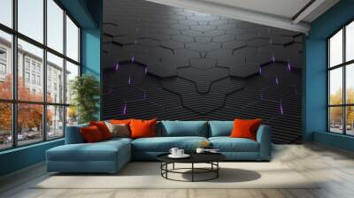 Abstract hexagonal geometric ultra wide background. Structure of lots of hexagons of carbon fiber with bright energy light breaking through the cracks. 3d rendering Wall mural