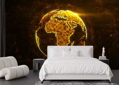 Digital abstract globe made of plexus glowing lines. Business technology structure of the orange lines, dots and particles. Africa continent. 3d rendering Wall mural