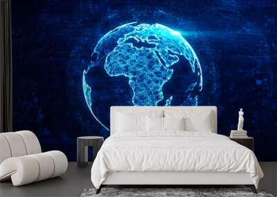 Digital globe made of plexus bright glowing lines. Detailed virtual planet earth. Technology structure of connected lines, dots and particles forming world. Africa continent. 3d rendering Wall mural