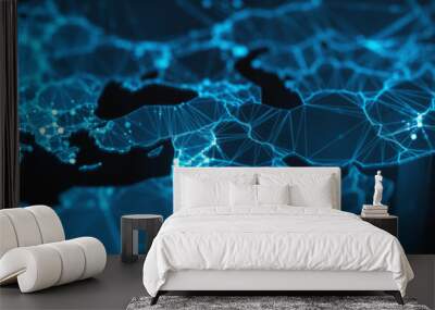 Digital mainlands from space. Cities and countries connected by plexus light lines. Virtual continents. Creative technology, ultra wide background. Concept of transfering information. 3d rendering Wall mural