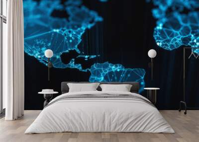 Digital mainlands from space. Cities and countries connected by plexus light lines. Virtual continents. Creative technology, ultra wide background. Concept of transfering information. 3d rendering Wall mural