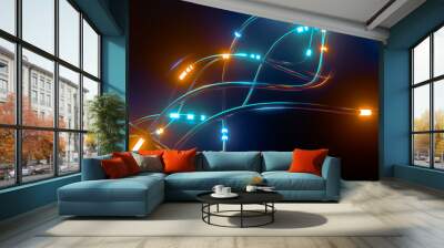 Digital wires with moving information impulse. Creative composition with cables transfering big data and neon light. Twisted lines in motion. Colorful vortex, abstract background. 3d rendering Wall mural