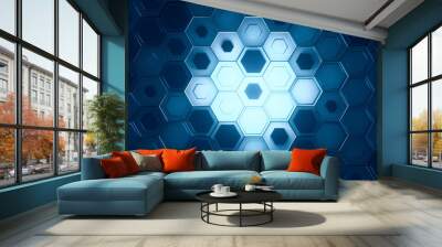 Hexagonal geometric background. Abstract structure of lots of different height hexagons with glow in center. Creative honeycomb surface. Top view. Cell elements pattern. 3d rendering Wall mural