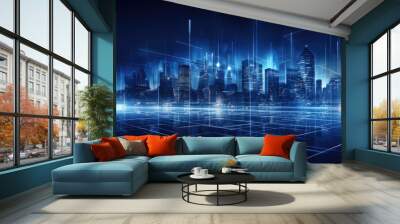 Nighttime urban skyline with illuminated skyscrapers and cityscape. Technology in city architecture Wall mural